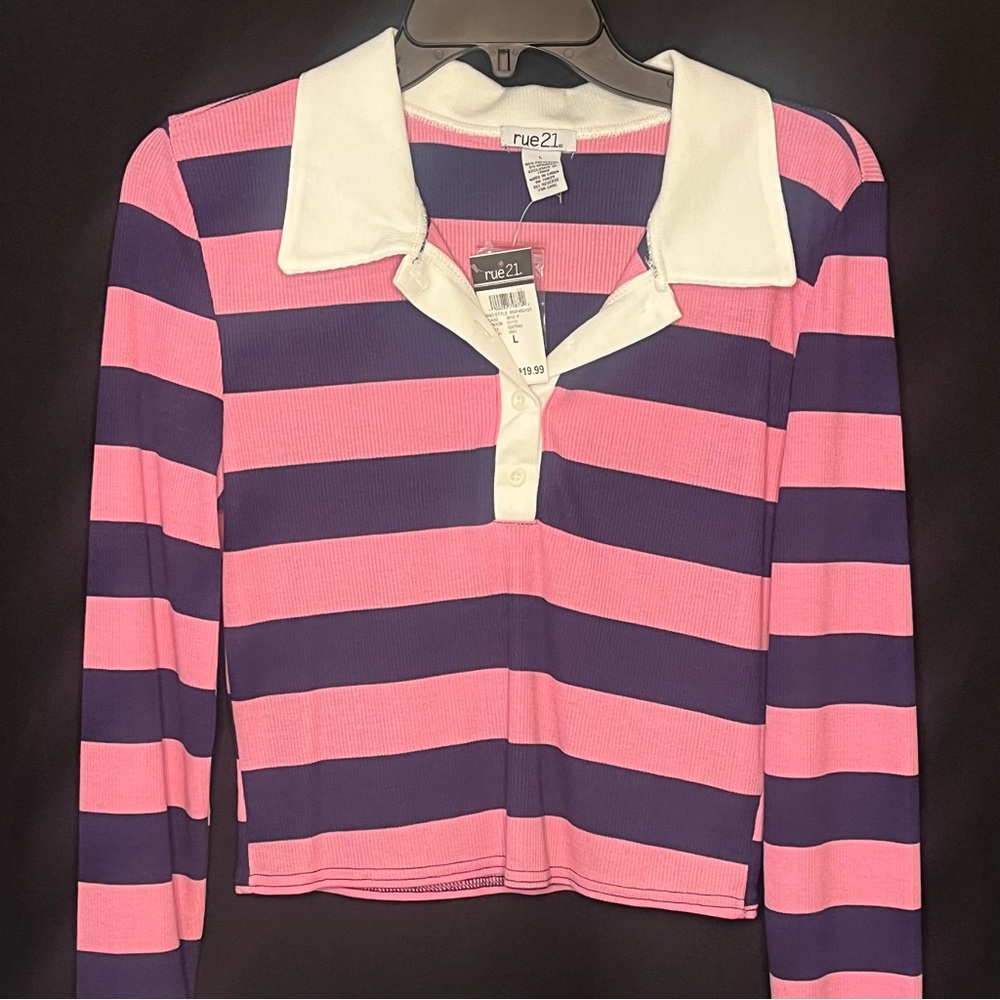 Rue21 Cropped Pink and Purple Striped & Ribbed Polo with White Collar